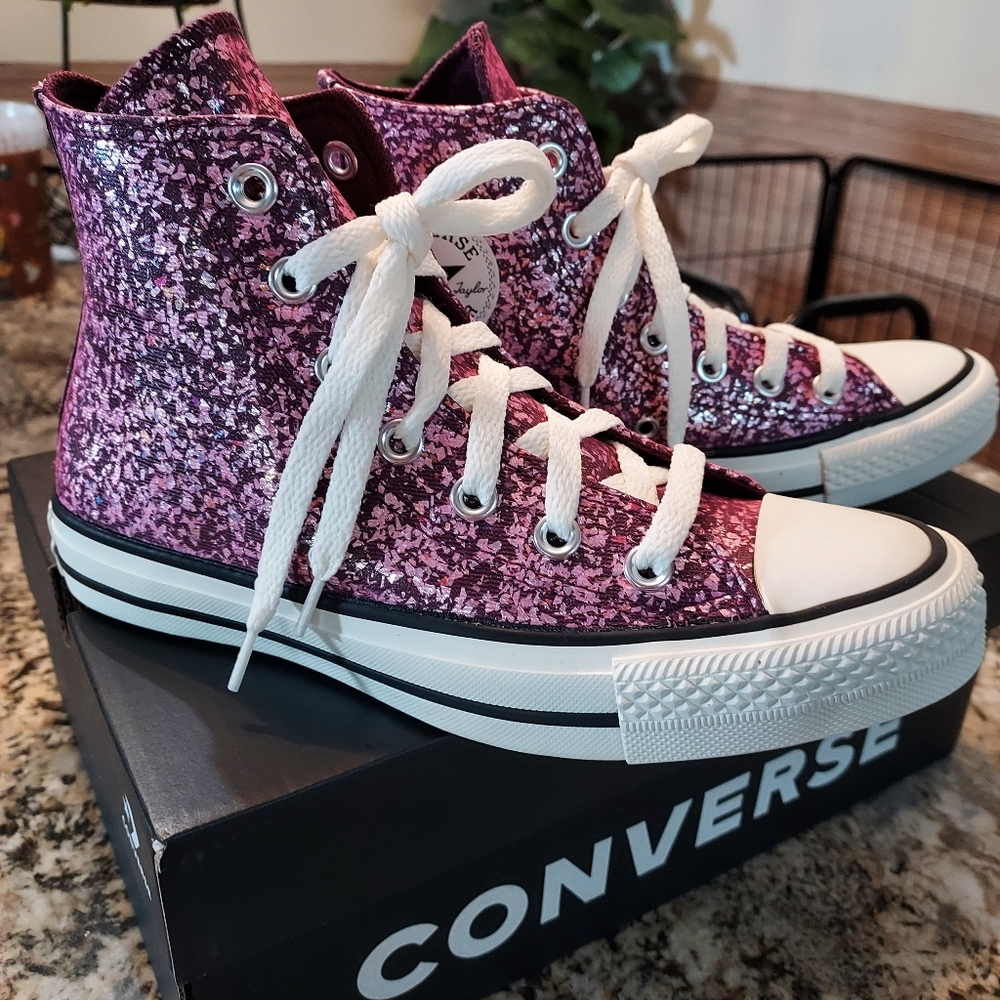 Converse All Star Pink High-Top Sneakers. Painted fleck-glitter canvas.  NWB - Picture 7 of 11